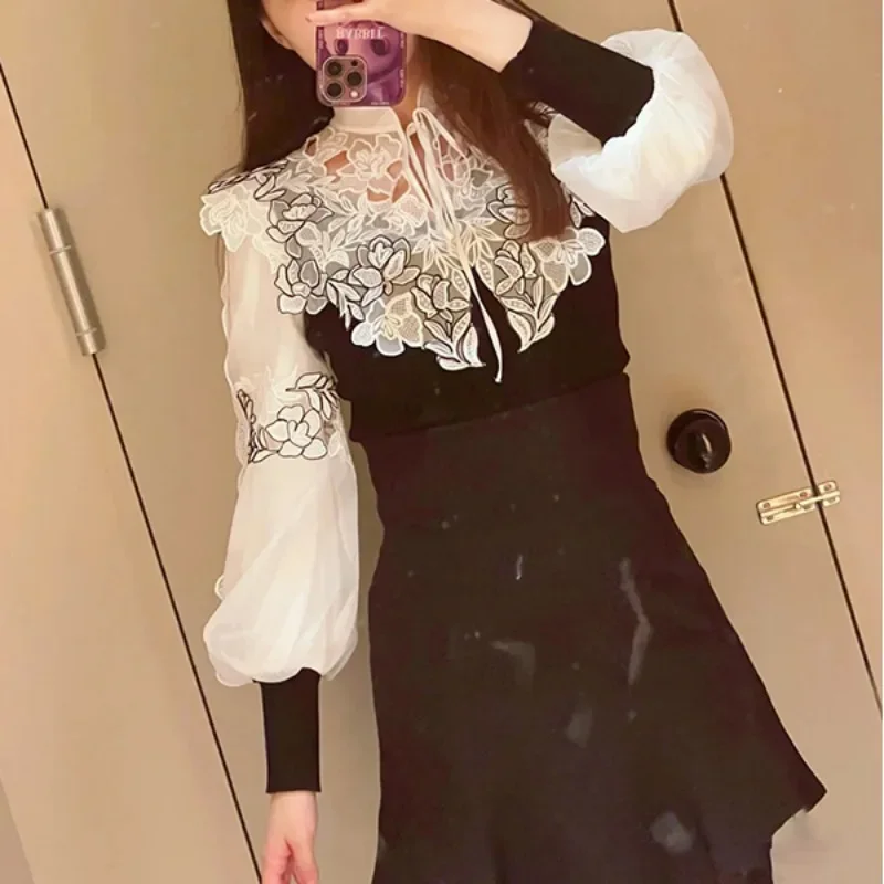 Stand Collar Lace Flower Sweater Long Sleeve Ropa Mujer Japanese Pullover Spring 2024 Womens Clothing Bandage Bow Knitwears