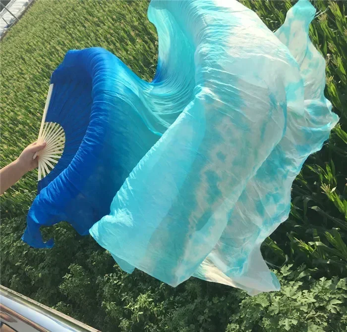 1 Pair(L+R) Belly Dance Silk Fan Veil Worship Art Silk Bamboo Dance Long Fans Tie Dyed Flower 47"/59"/71"/83"