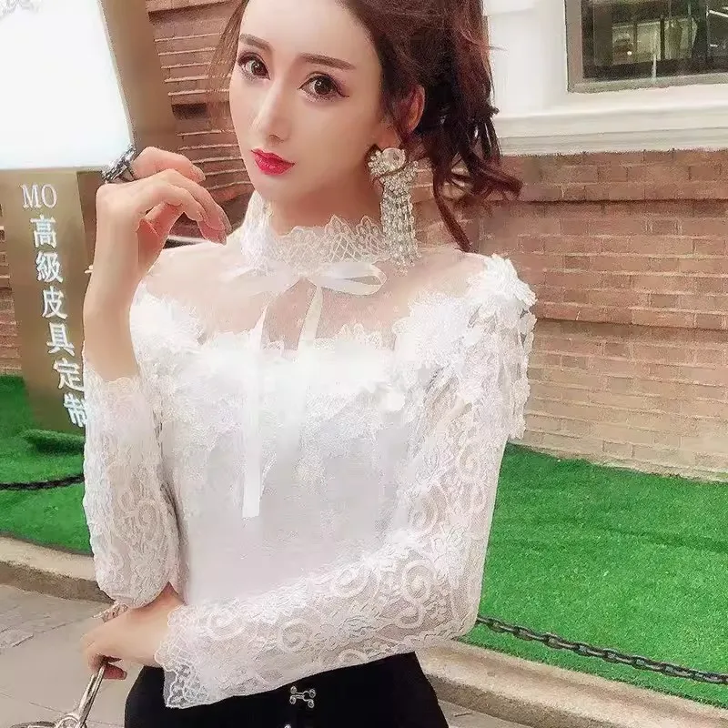 

Spring Summer Long Sleeve Shirt Sweet Women Tie Bow Floral Lace Blouse Ladies Hollow Out Tassel Mesh Blouses Blusas Short Tops