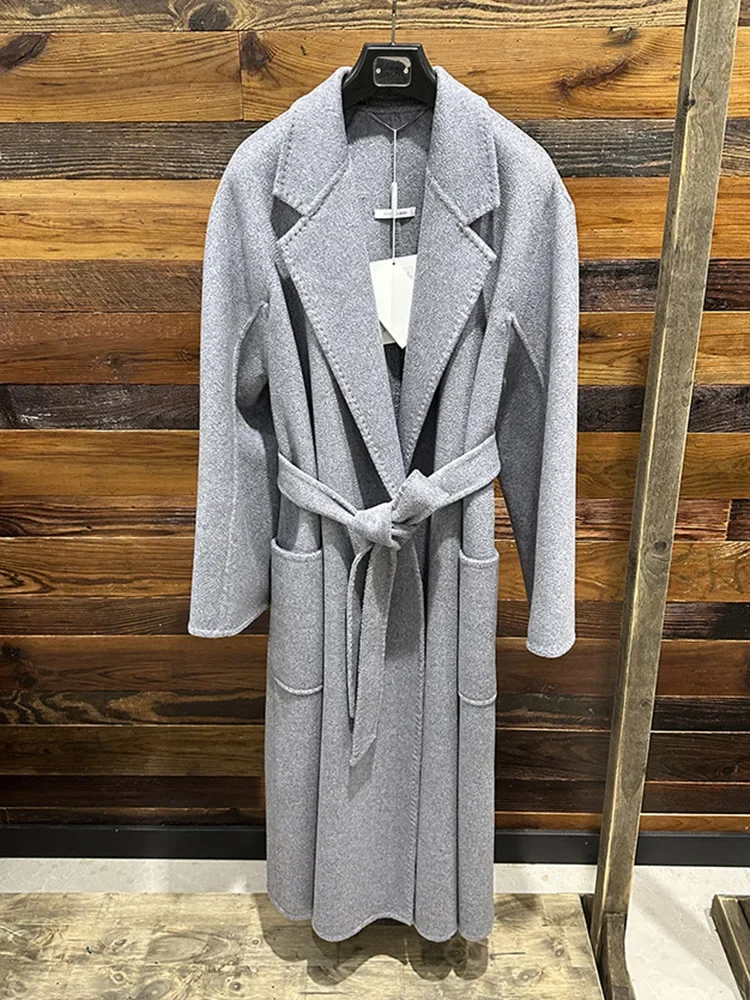 High-end Women Double-sided Cashmere Water Ripple Coat New Big Size Lapel Lace-up Woolen Coat Loose Bathrobe Long Jacket Winter