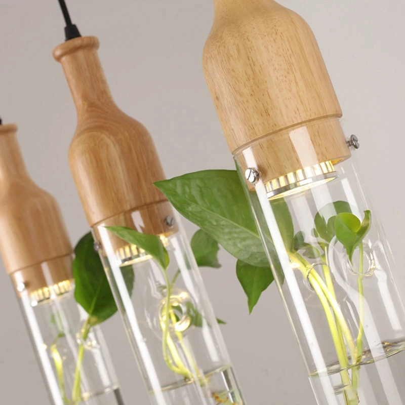 Modern LED Plant Pendant Lights Wood Glass Bottle Lustres Luminaire Industrial Decor Hanging Lamp Lighting