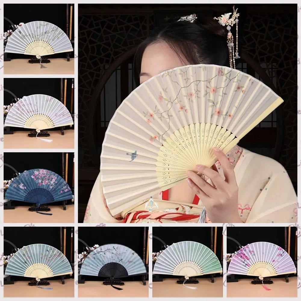 Bamboo Handle Folding Fan Hanfu Accessories No Deformation Handheld Props Fan Ancient Style Silk Fabric Prom Decor