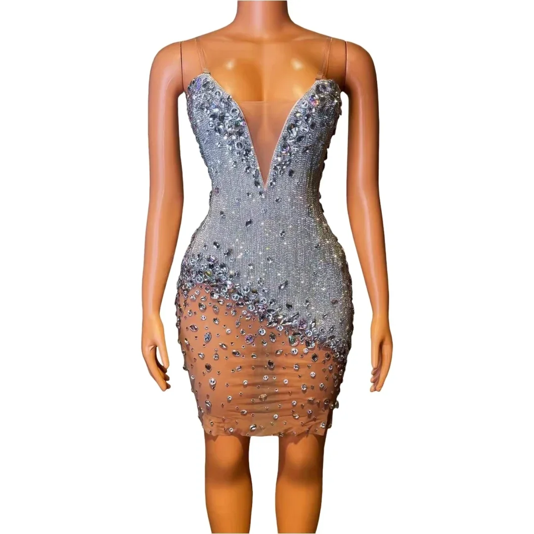 

Rhinestone Crystals Sparkly Women Party Birthday Queen Dress Stage Performance Wear Costume Celebrate Wedding Mesh Drag Outfits