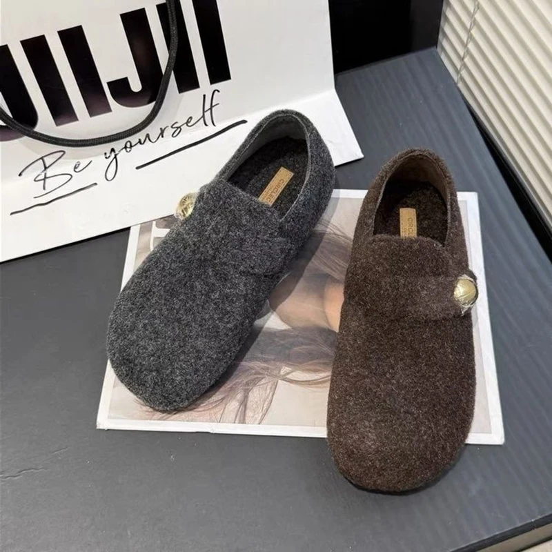 Women's Thick Heel Inner Heightening  Shoes Autumn Winter New Style Slip-On Fleece Lined Lazy Bean Shoes Warm Cott...