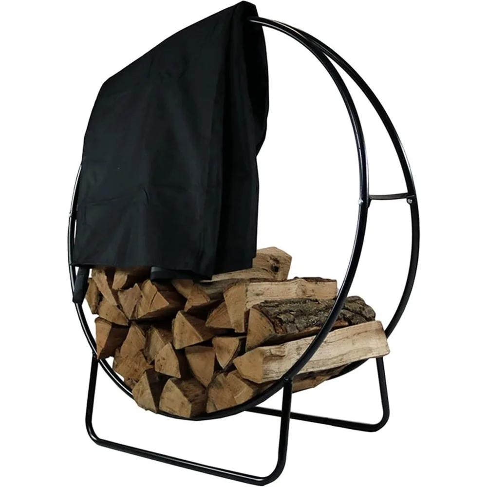 Outdoor Firewood Log Rack Hoop and Cover Set - Powder-Coated Steel Round Firewood Rack and PVC Cover - Black - 48-Inch