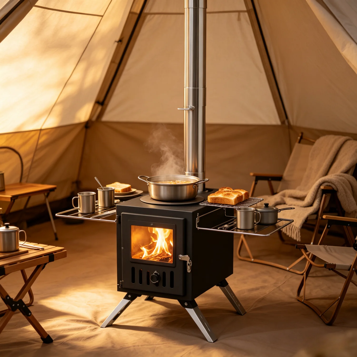 Image of 2-in-1 Tragbarer Edelstahl-Zeltofen Holzofen mit 7 Kaminrohren für Outdoor-Heizung & Kochen Sauna-Heizgerät
