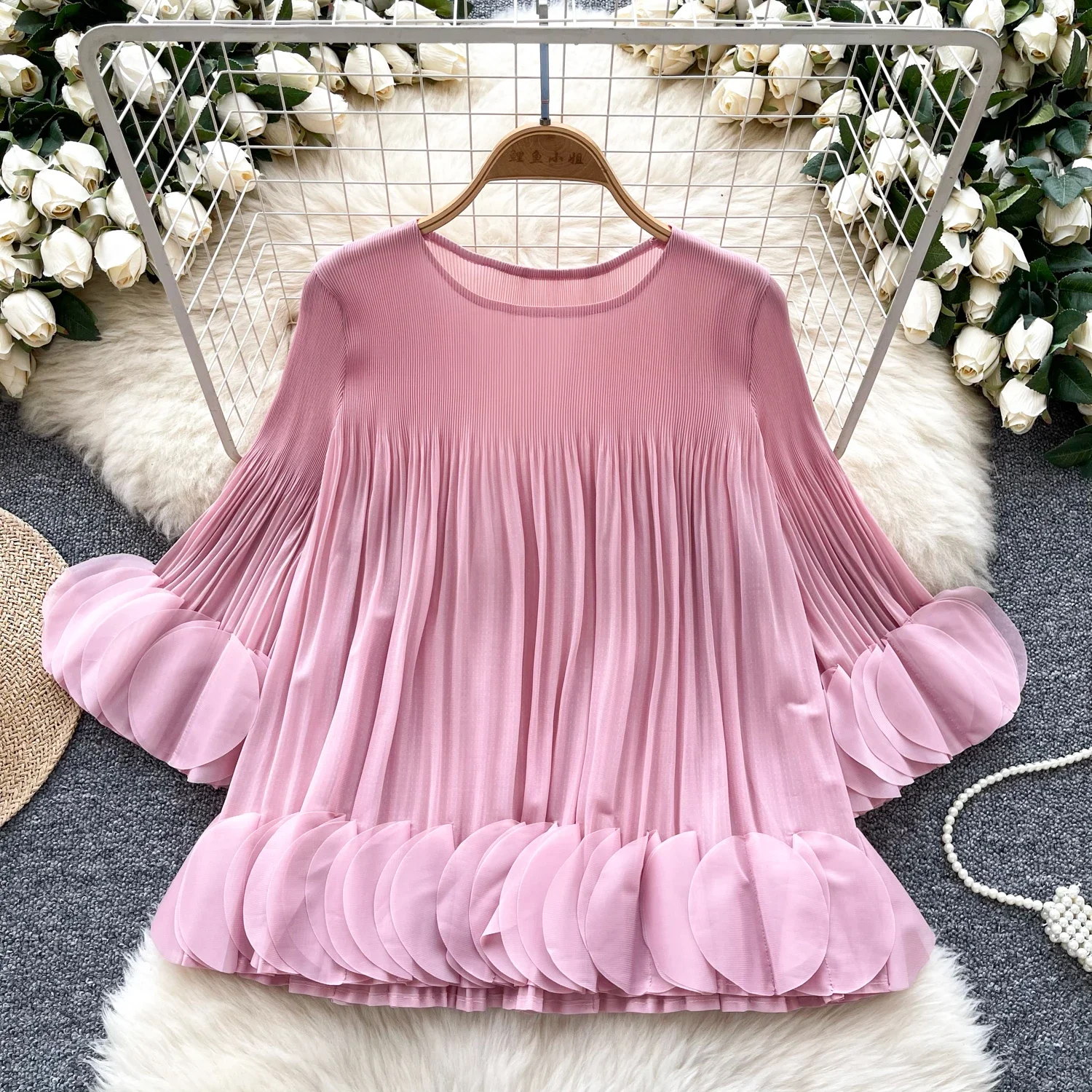 Chic O-neck Vintage Long Puff Sleeve Elegant Ruffle Pleated Loose Top French Fashion Streetwear High Street Autumn Winter Shirts