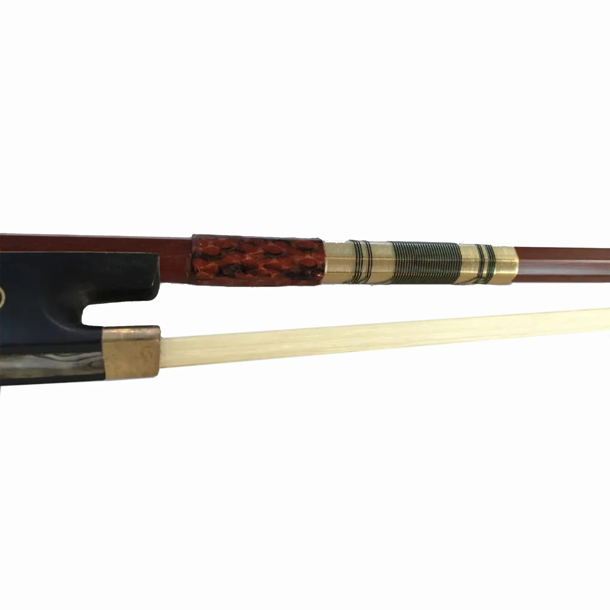 Exquisite Violin Bow 4/4, Ebony Frog with Pearl Eye, Snake Skin Grip, Gold Silk Winding, Colorful Shell Inlay