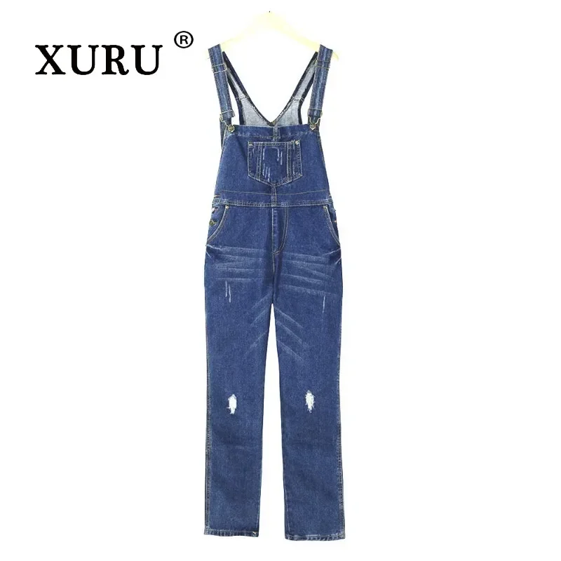 XURU-Women's Loose Hole Jeans, Women's Wear, Double Shoulder Denim Jumpsuit with Straps, European and American, K7-1988