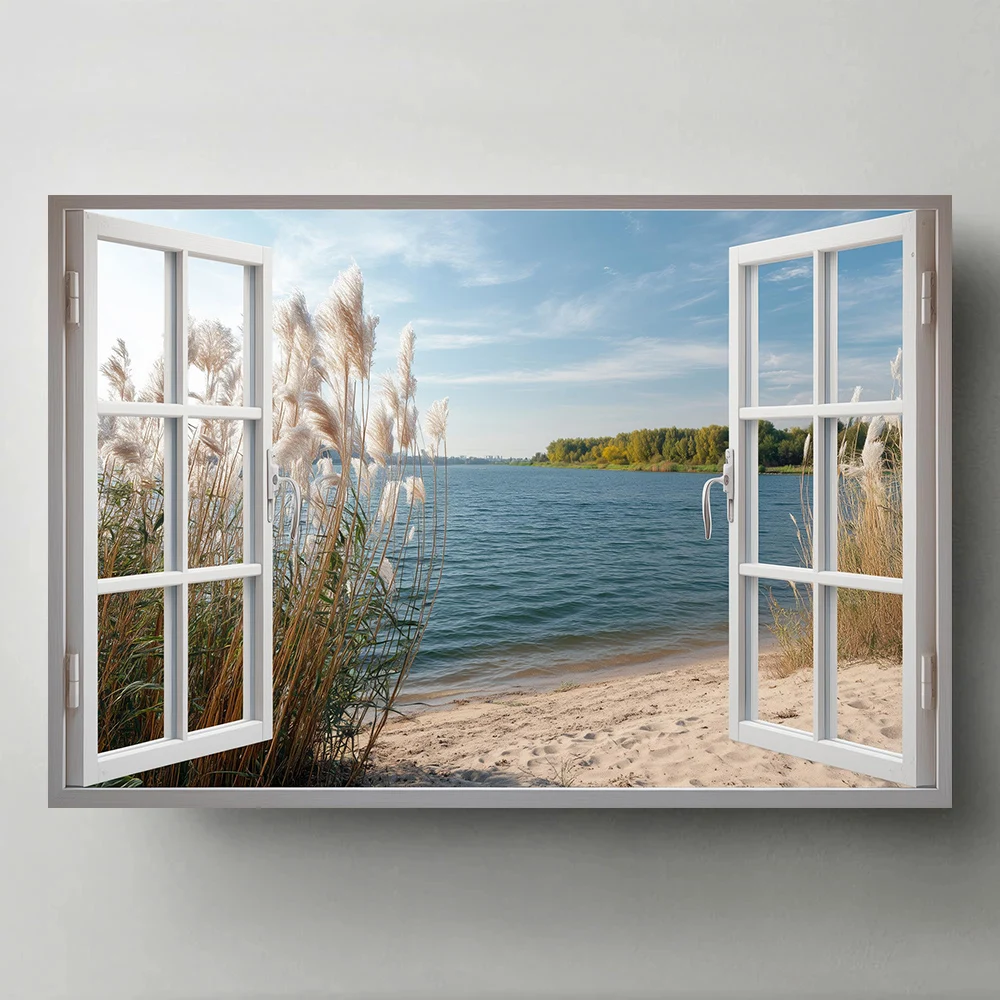 Open Window Beach View Canvas Painting Serene Coastal Palm Tree Landscape Poster Print Wall Art for Living Room Home Decor