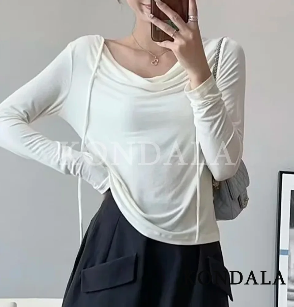 

KONDALA High Street женские футболки Y2K с косым воротником, тонкая футболка с длинными рукавами, весна-осень 2024, модные милые вечерние милые топы