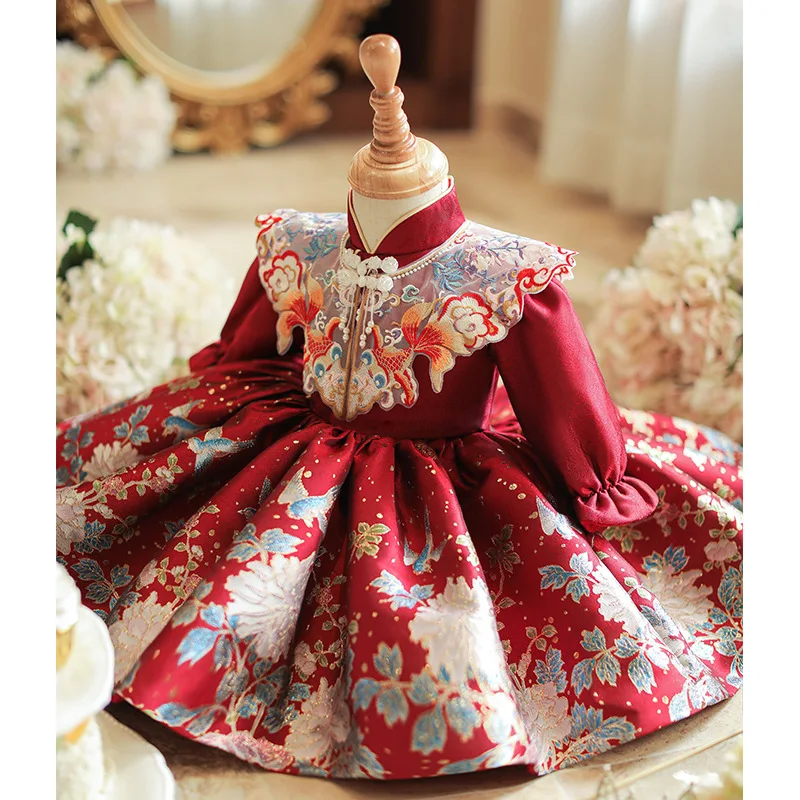 2024Girls' Red New Style Shawl High-End Chinese Cheongsam National Style Birthday Zhuazhou Banquet Princess Gown Dress