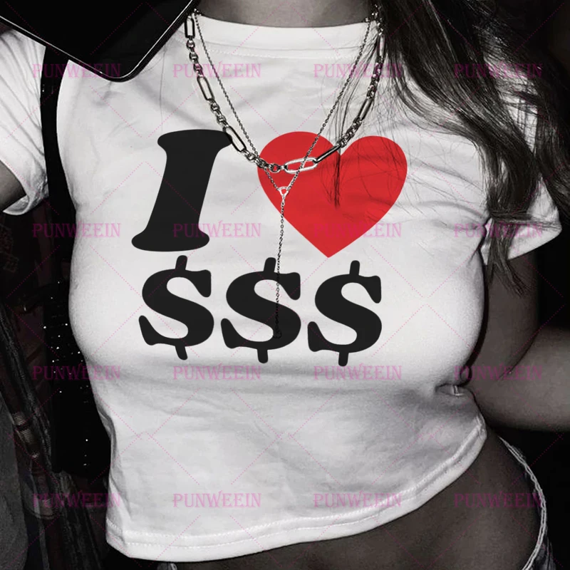 I Love money Funny Red Love Heart Women Crop Top Grunge Harajuku Baby Tee Summer Fashion O-Neck Party T-Shirt Y2k 90s Streetwear