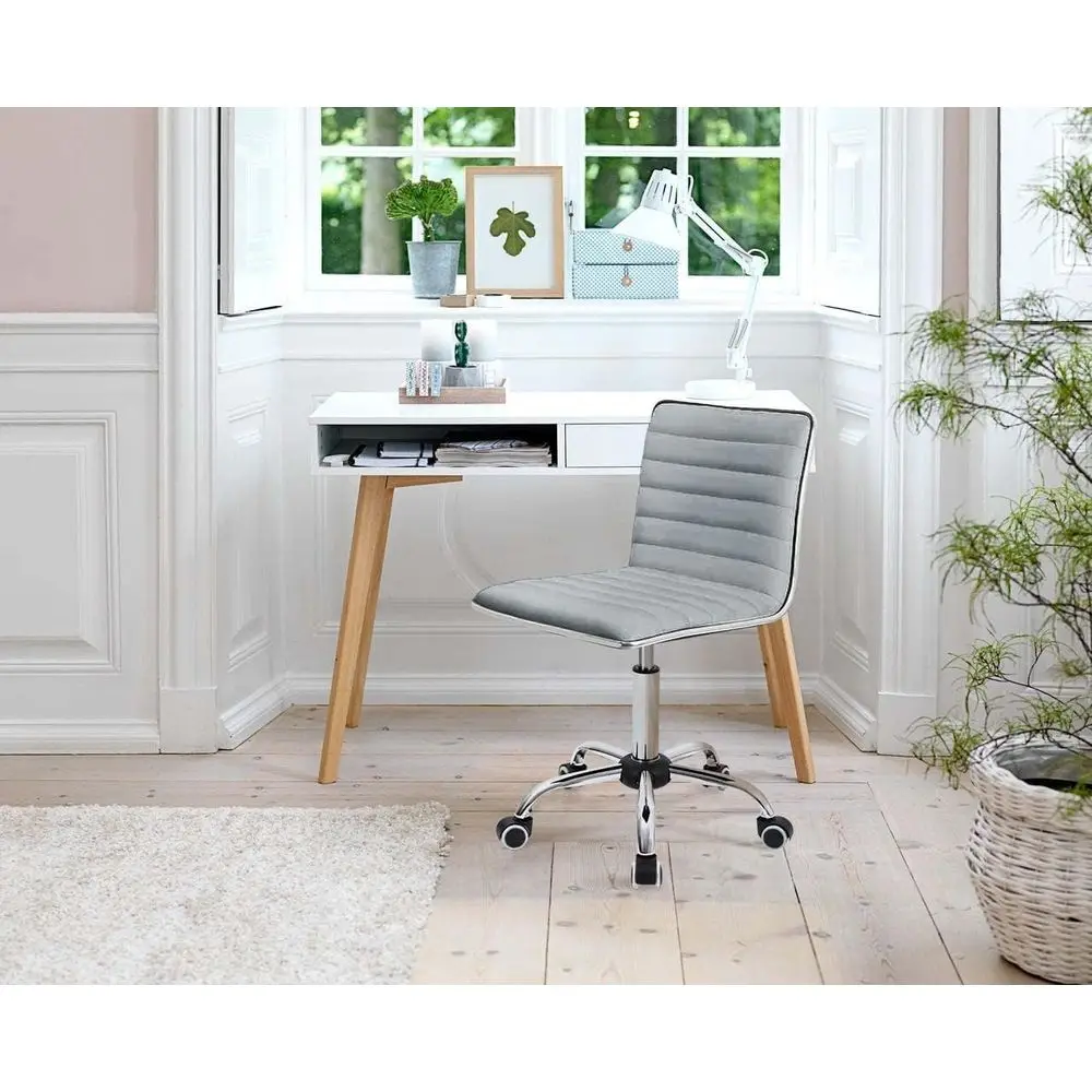 Retro Style Armless Ribbed Light Grey Mid-Back Swivel Chair for Computer Desk