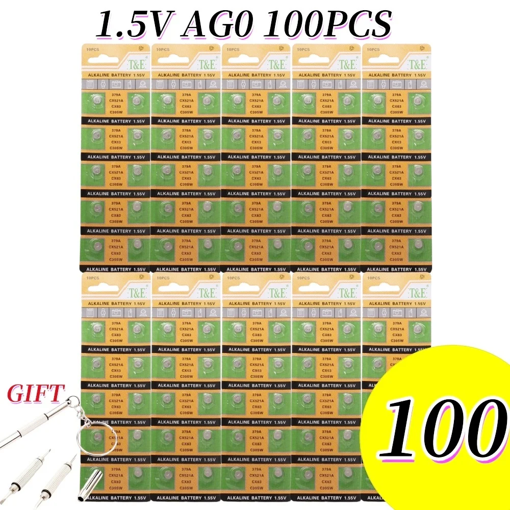 100 Uds AG0 379 1,55 V pilas de botón SR63 LR69 LR521 379A para relojes de juguete remoto SR521SW D379 RW327 batería alcalina de moneda
