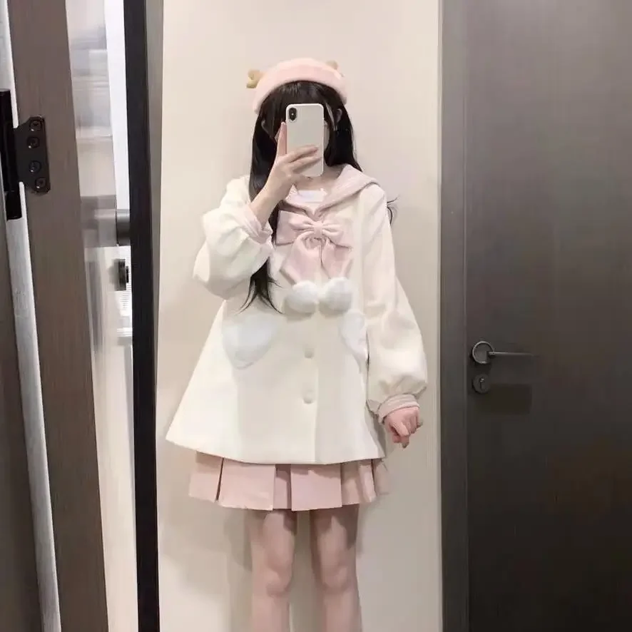 بالإضافة إلى حجم لطيف الخريف الشتاء البحرية طوق معطف الصوف لينة طبطب منتصف طول صغير الحجم ملابس خارجية متعددة الاستخدامات للشباب في القلب #3