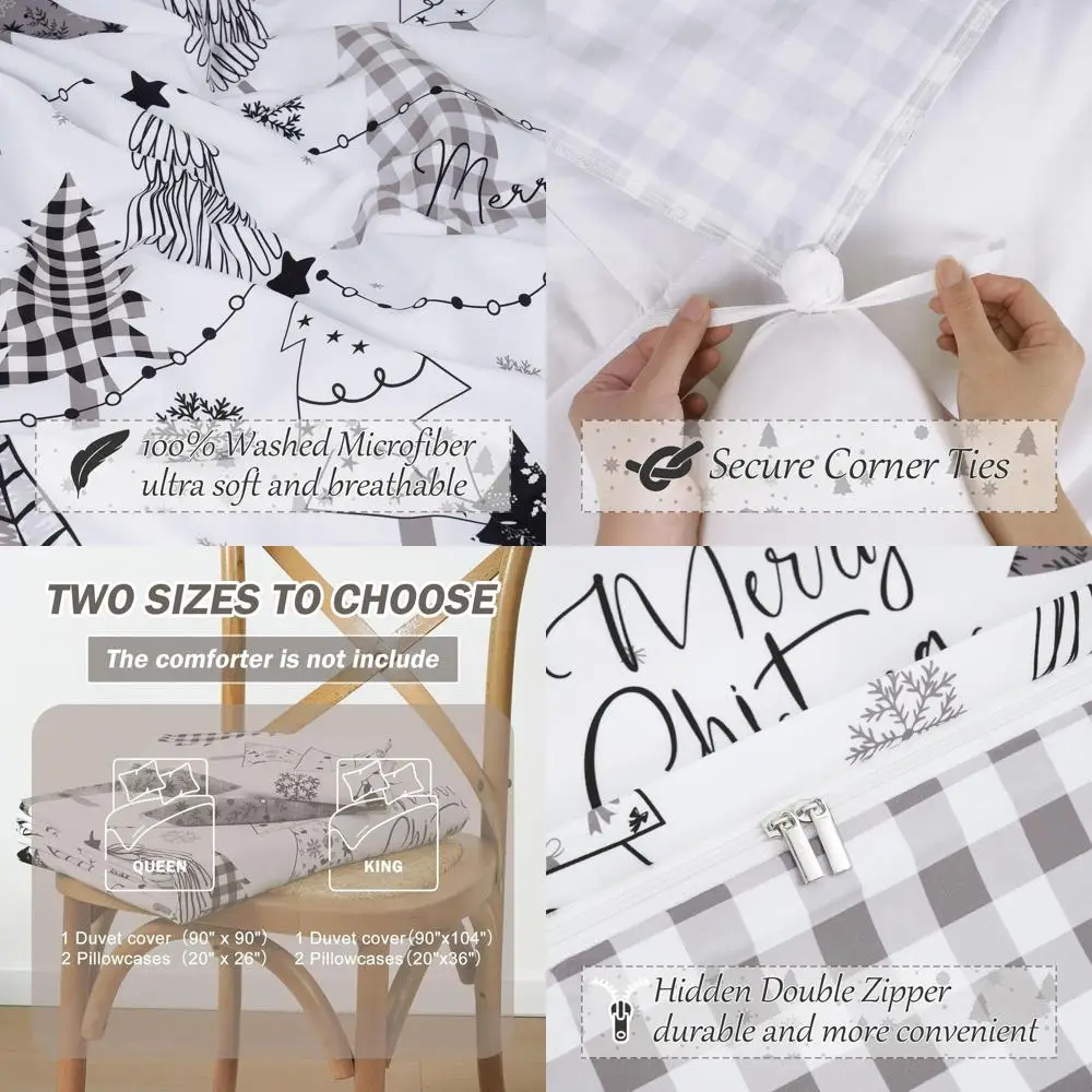 

King Size Christmas Tree & Snowflake Duvet Cover Set with 2 Pillow Shams, Grey Check, 104x90