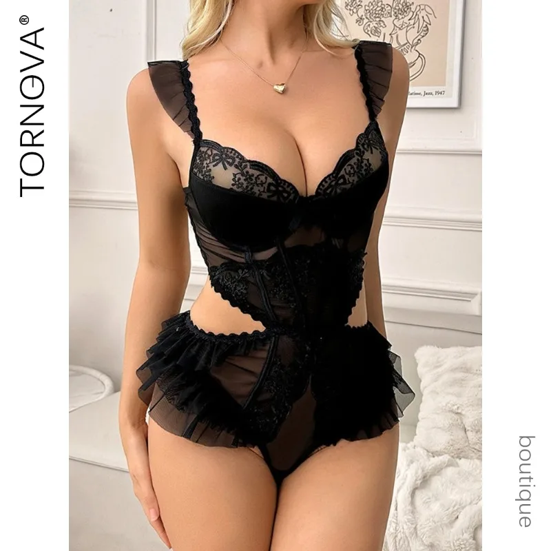 

Tornova Sexy Underwear Onesie Mesh Patchwork Lace Spliced Lace Sexy Perspective Thin Shoulder Strap Backless Seductive Lingerie