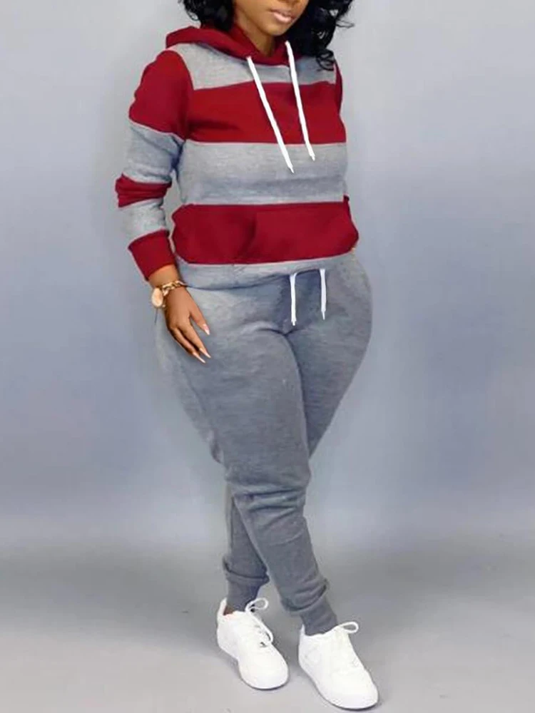 LW Big Size Tracksuit Sets for Women 2 Piece 2024 Winter Color Block Hooded Sweatshirt Casual Sweatpants Plus Size Pants Suit