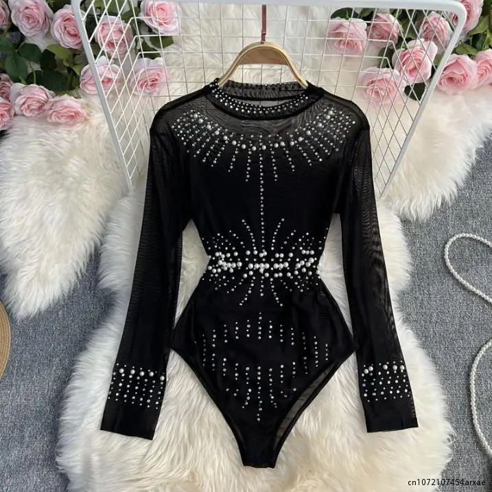 Beading Sequins Mesh Bodysuits Women O Neck Summer Sexy Party Club Long Sleeves Ladies Fashion Solid Rompers