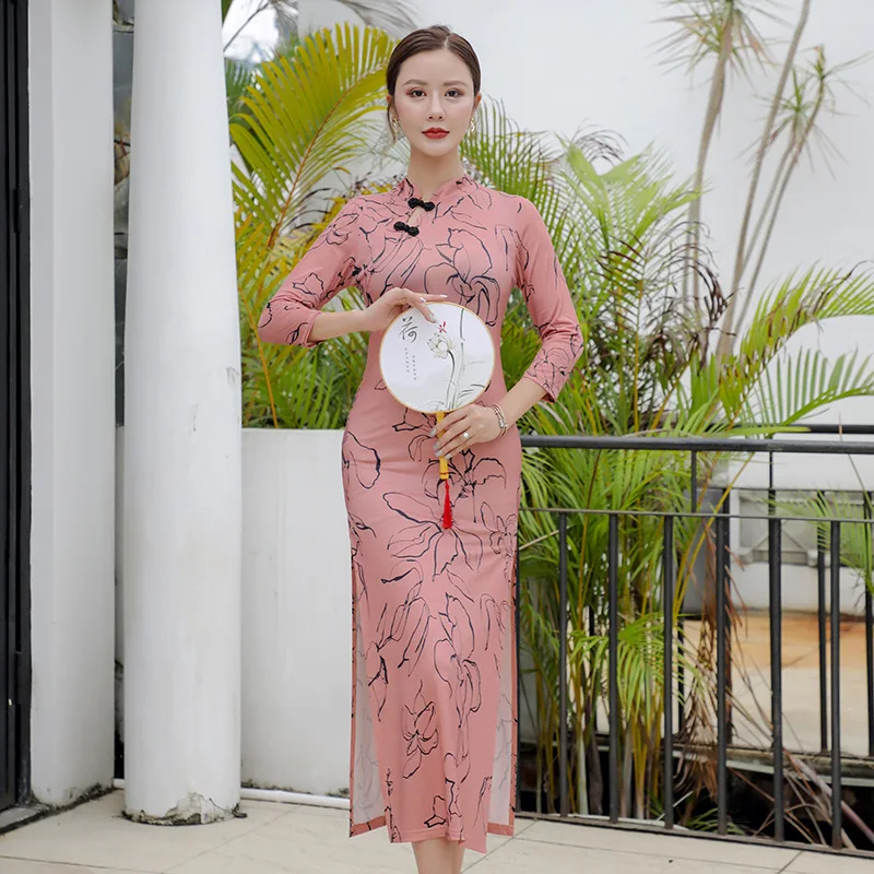 Chinesischen Stil Klassischen Volkstanz Cheongsam Druck Spliss Selbst-anbau Zeigen Kleidung Elastische Praxis Kleidung Frauen