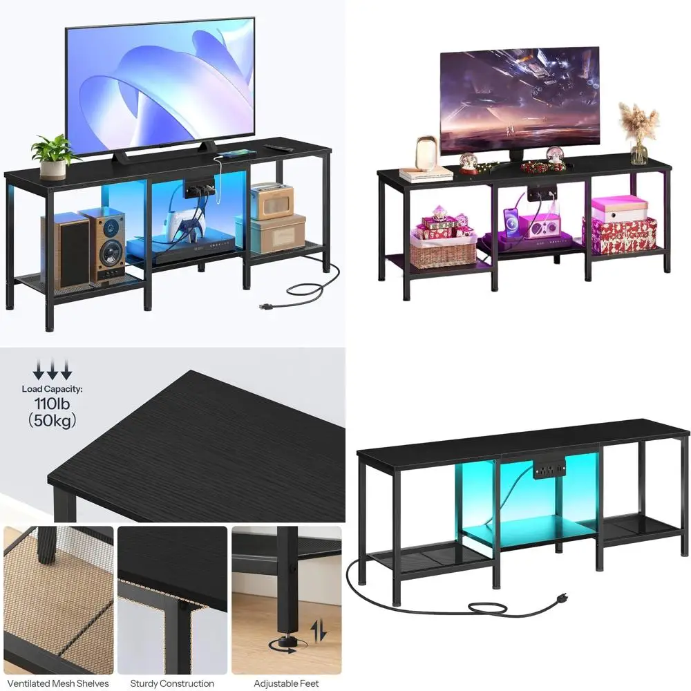 

55 TV Stand with Charging, LED Entertainment Center, Open Shelves for Living/Bedroom, Black BB122UDDS01