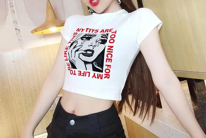 

Весенне-летняя новая модная короткая футболка с короткими рукавами и круглым вырезом с принтом для женщин