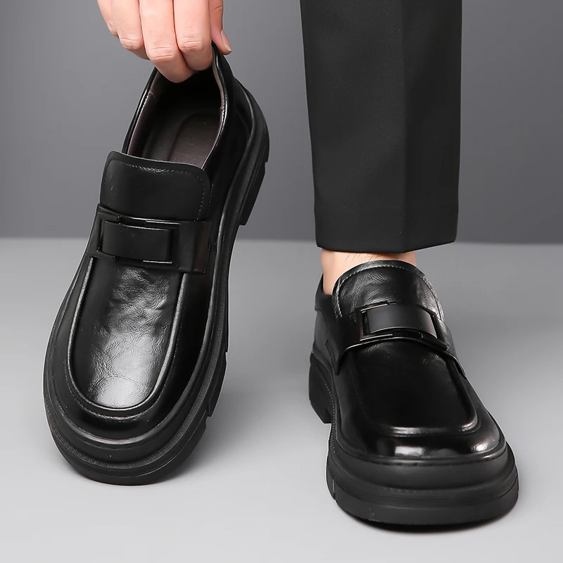 

New casual thick soled leather shoes Classic Business Gentleman Style Daily office Comfortable adult shoes for formal Brown