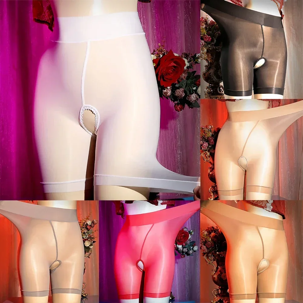 Sexy masculino sissy boxers óleo brilhante buraco frontal calcinha feminina malha ultra-fina cuecas transparente sólido de seda roupa interior