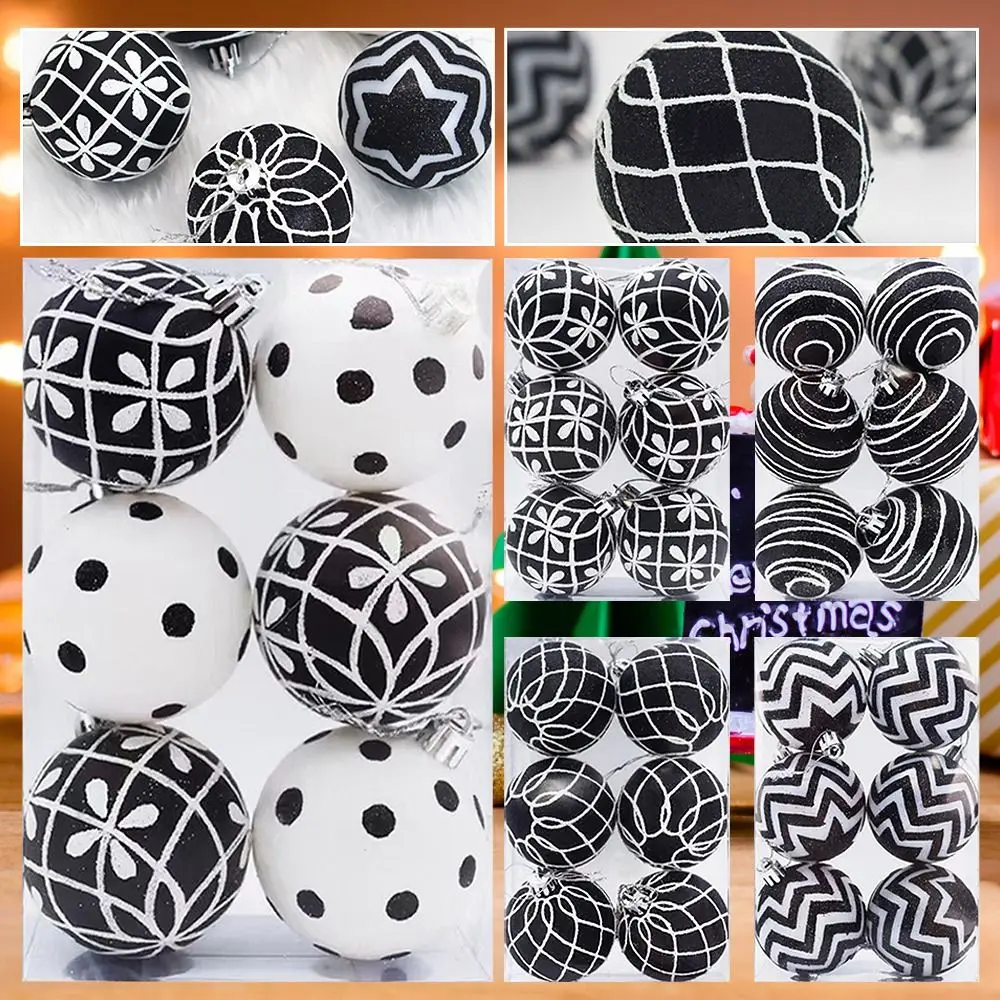 6 uds 6cm bolas de Navidad bolas pintadas a mano colgantes de árbol de Navidad blanco y negro ventana redonda vestir bolas fiesta vacaciones