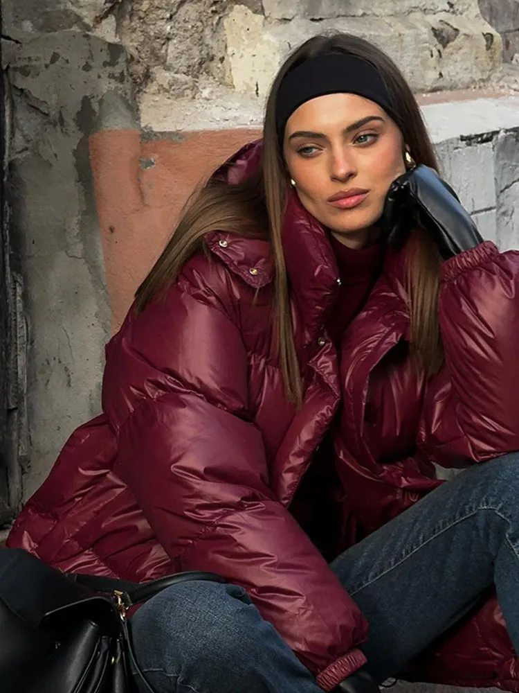 Women Fashion Burgundy Red Hooded Padded Jacket Winter Warm Stand Collar Zipper Breasted Parka 2024 New Lady High Streetwear