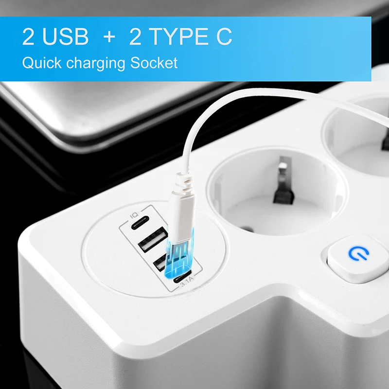 New 3250W 13A 250V European Style Plug Socket With USB And Type-C Port 2 Outlets Power Strip For Multiple Applications