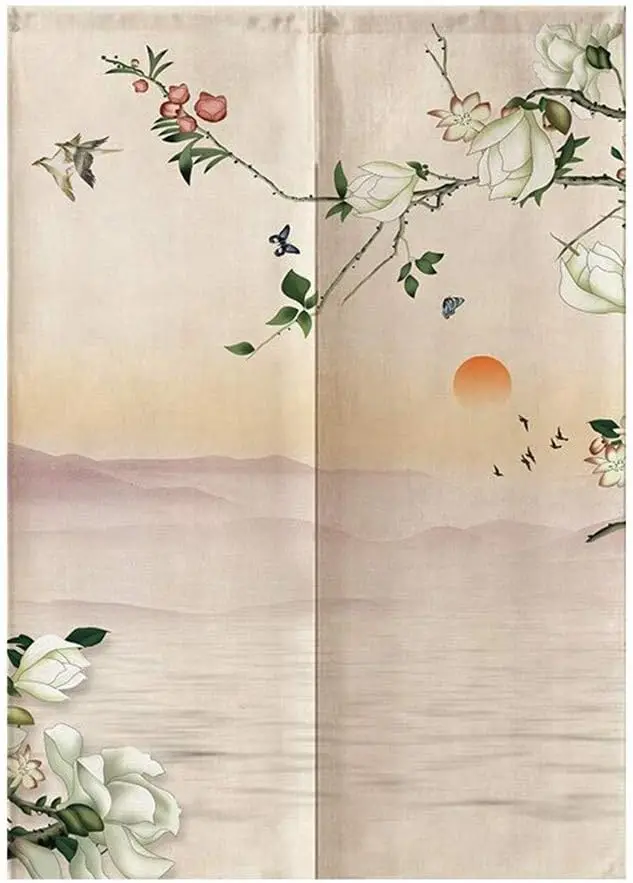 Japanese Style Bamboo & Moon Door Curtain: Elegant Ink Painting Design, Ideal for Home Decor, High-Quality Fabric