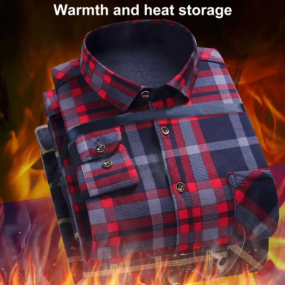 Men Winter Shirt Plaid Print Soft Long Sleeves Thick Plush Keep Warm Cardigan Single-breasted Spring Shirt for Daily Wear