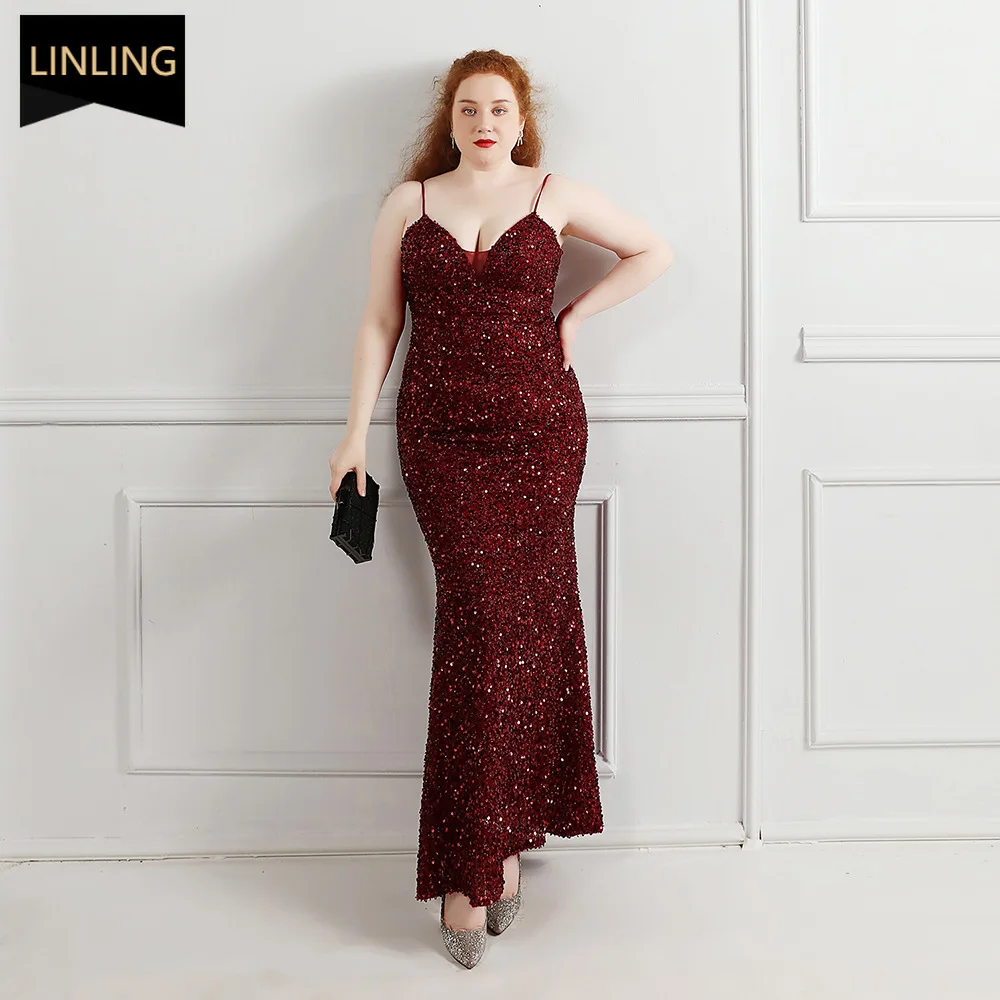 Women's Sequins Slip Dress, V Neck, Chic and Elegant, Party Dresses, Evening, Wedding, Chubby, Plus Size, 3XL, 4XL