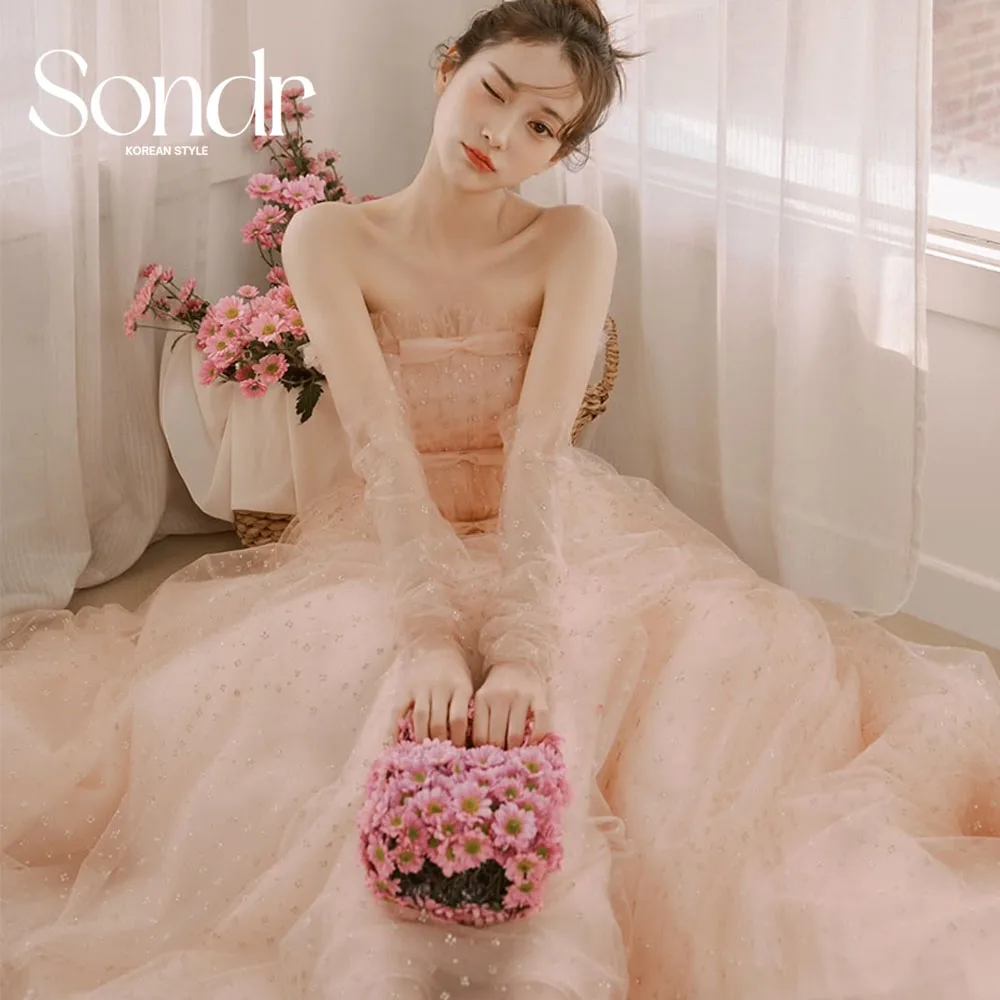 

Sondr Customized Pink Korean Long Prom Bridal Bow Wedding Evening Dresses Reception Strapless Princess A Line Garden Wedding