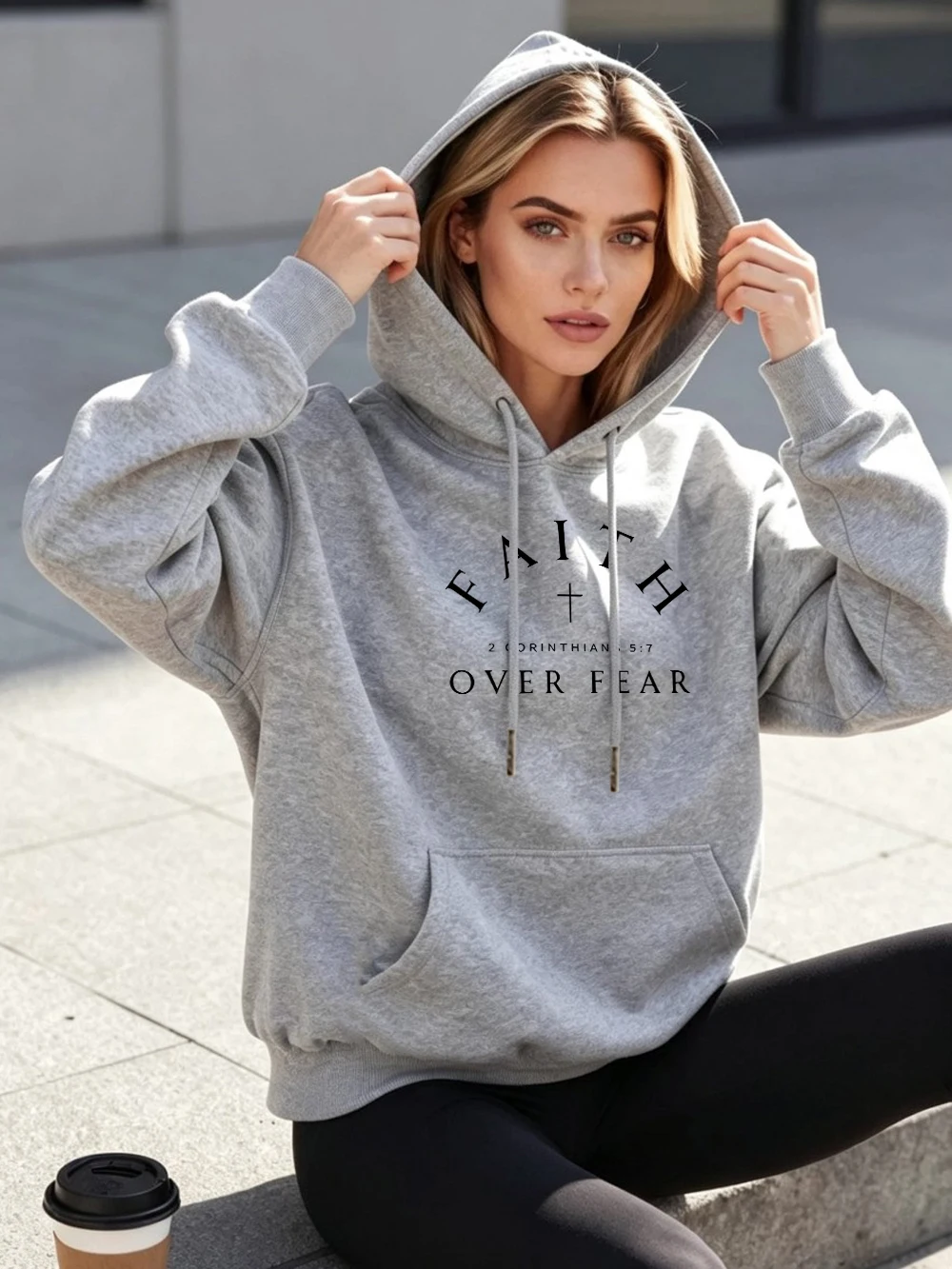 Faith Over Fear Printing Hoodies Womens Winter Fleece Warm Sweatshirts Casual Loose Pocket Pullovers Sporty Jogging Streetwear