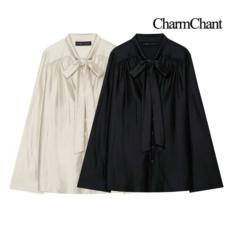 CHARMCHANT Women Satin Silk Bow Blouse Long Sleeve Button Down Shirt Loose Fit Solid Color Elegant Office Lady Top