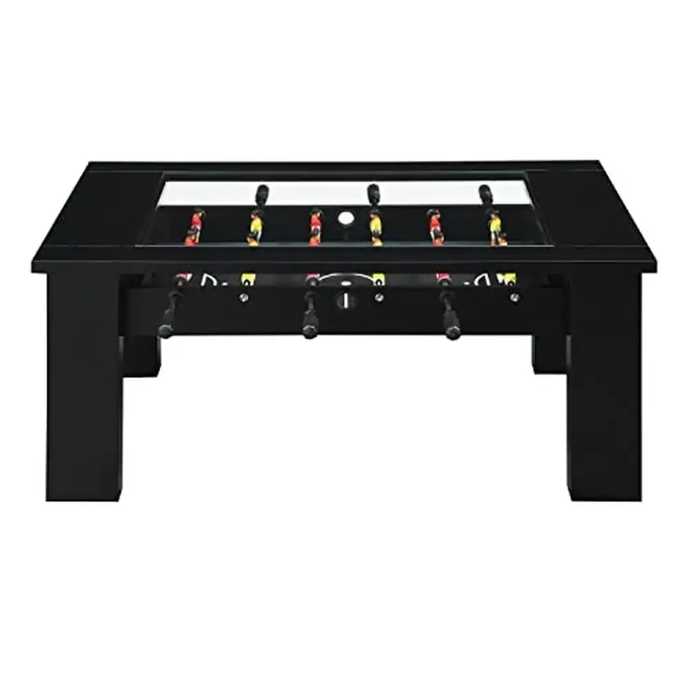 Glass Top Foosball Coffee Table Gaming Set with Red vs. Yellow Teams and 2 Balls Black