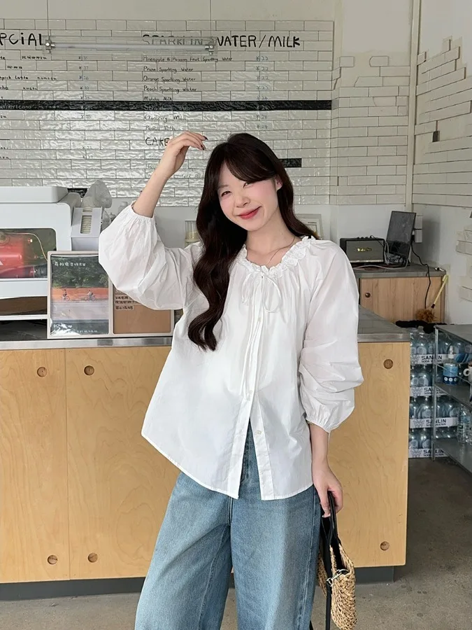 

plus Size Women's Shirt Knot Long Sleeve Loose Slimming Design Spring 2026 Early Season New Style Commute Korean Ve...