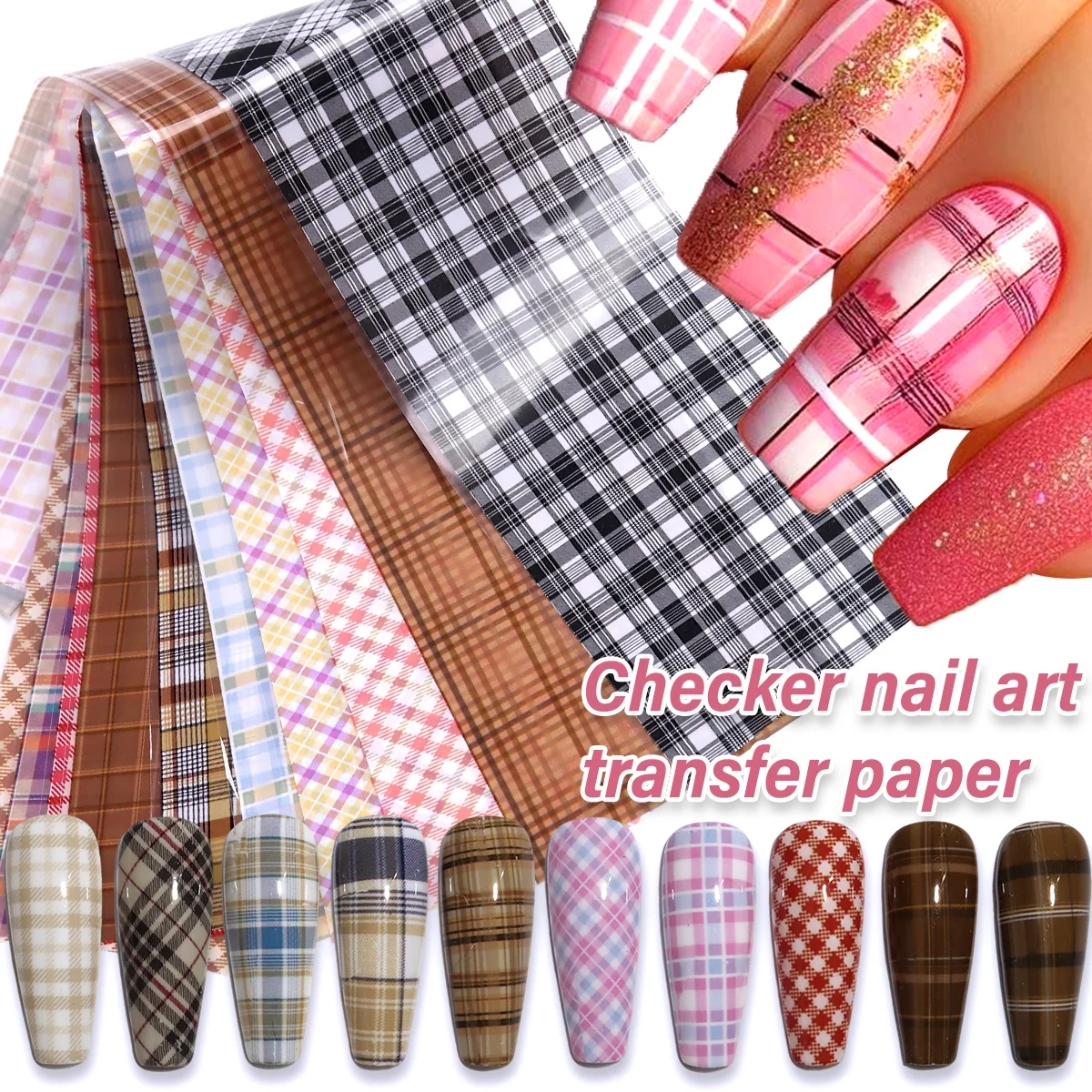 Pink Houndstooth Nail Transfer Stickers, Diamond-Patterned Retro Nail Decals, Starry Sky Nail Art Holographic Transfer Stickers.