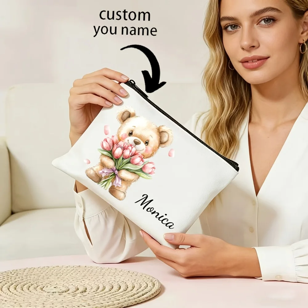 Personalized Custom Text Bear Tulip Flower Makeup Pouch Canvas Cosmetic Purse Portable Zipper Storage Bag for Birthday Gift