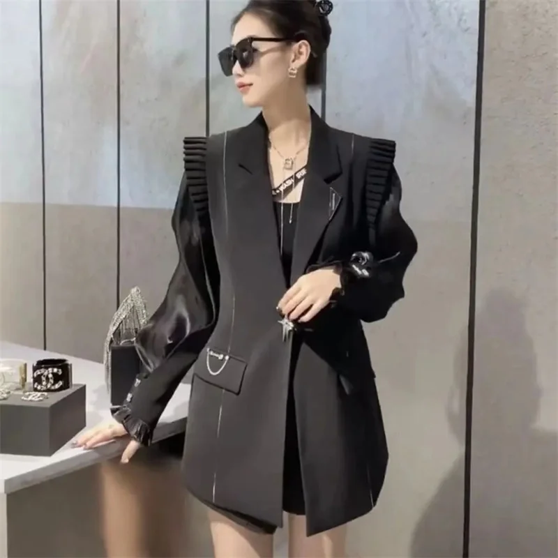 Heavy Industry Blazer Female 2024 Spring Solid Color Suit Collar Lantern Sleeve Covered With Thin Stitching Lace Suit Jacket Top