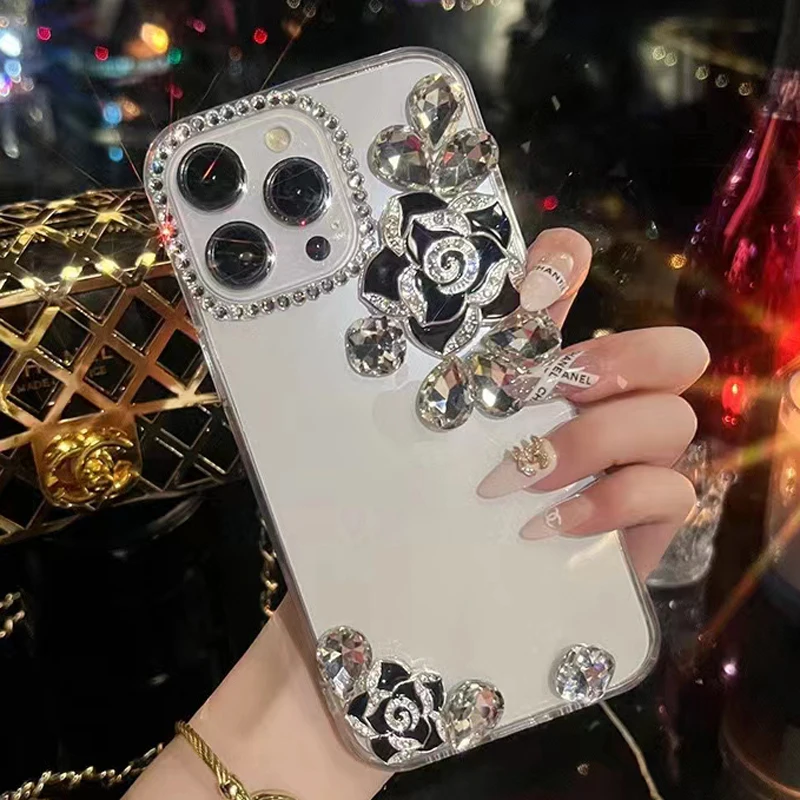 Sunjolly Camellia Rhinestone Case for Samsung Galaxy S24 Plus S23 Ultra S22 S21 FE S20 Plus Phone Cover Diamond Crystal Cases