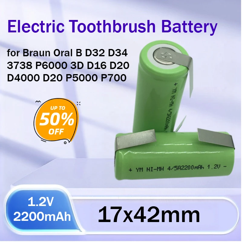 1.2V 2200mAh Battery for Braun Oral B D32 D34 3738 P6000 3D D16 D20 D4000 D20 P5000 P700 Electric Toothbrush