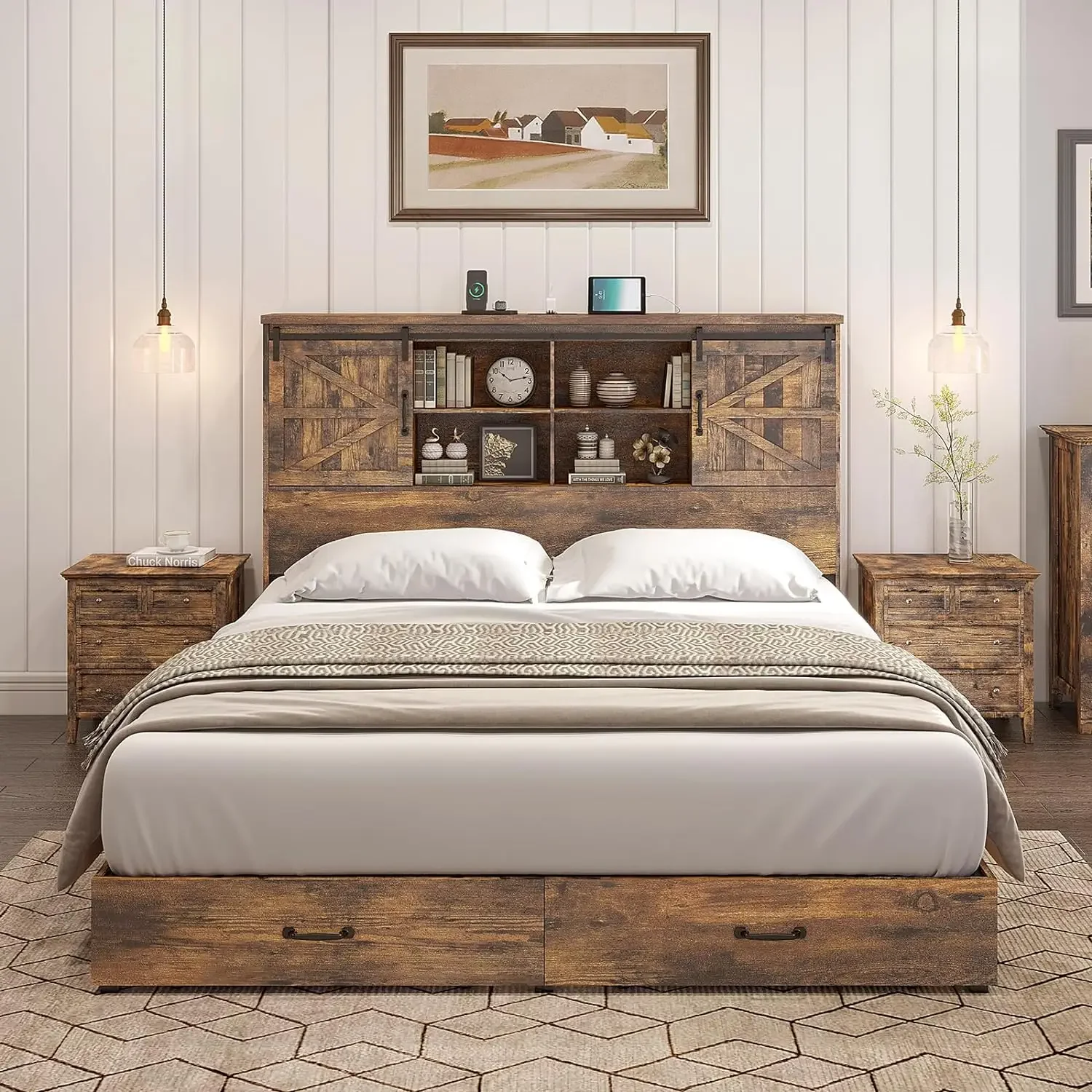 Houten Platform Bedframe Met 51.2 "Boekenkast Hoofdeinde, Opbergbed Met Schuifdeur Oplaadstation, Geen Boxspring Nodig