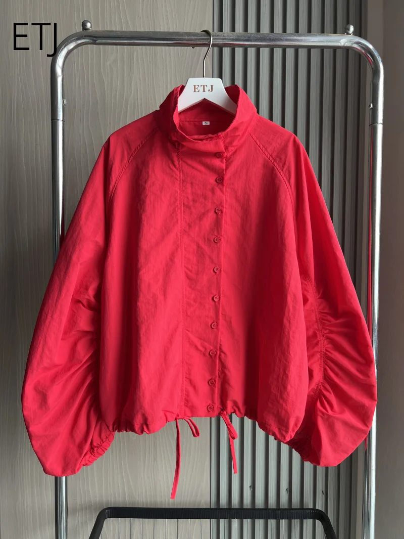 ETJ 2026 Damen Polyester Windbreaker mit Stehkragen, Knopfleiste, Leichtgewicht, Wasserabweisend, Puffärmel, Oversize-Jacke – Detail 15