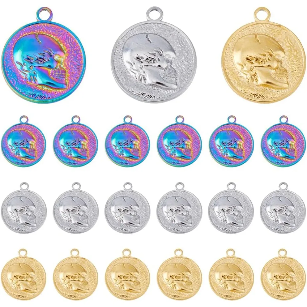 

18Pcs 3 Colors Flat Round Charms 3D Textured Flat Round with Skull Face Pendants and Rainbow Color Coin Charms Stainless Steel