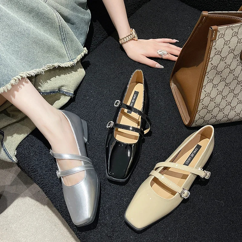 New Women Mary Janes Shoes French Small Square Toe Double Buckle Shallow Pumps Mid Thick Heels Dress Shoe Zapatos Mujer