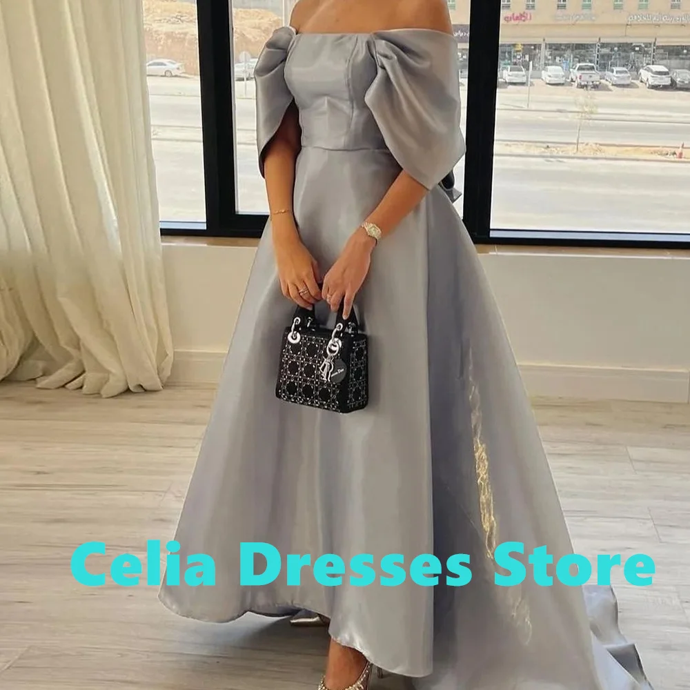 Saudi Evening Gowns Off the Shoulder Straight Short Sleeves Satin Tea Length Pleats Panel Train Bow Solid Color Party Gowns 2024